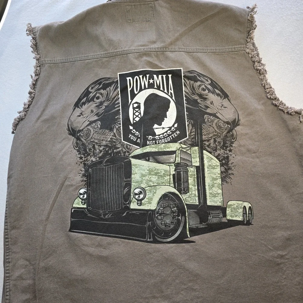 Coast Men's L Sleeveless Biker Shirt POW-MIA You Are‎ Not Forgotten Gray Frayed